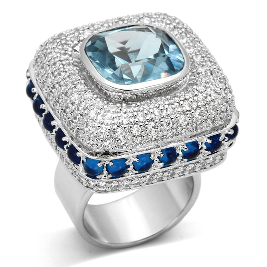 MALOA861 - Rhodium Brass Ring with Synthetic Spinel in London Blue