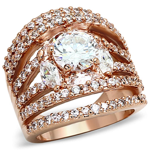 MALOA879 - Rose Gold Brass Ring with AAA Grade CZ  in Clear