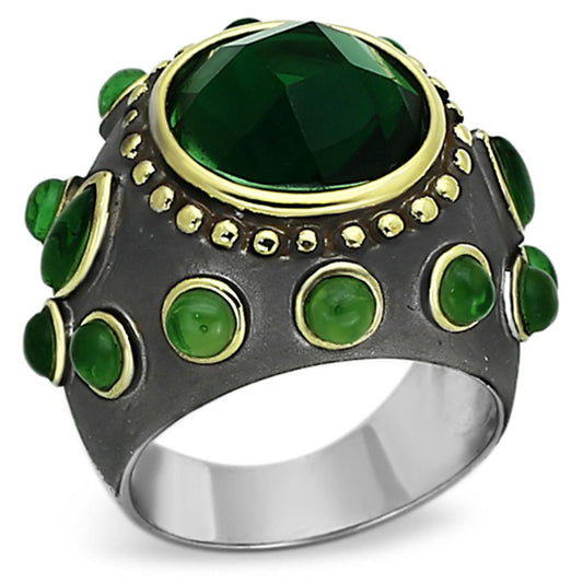MALOA881 - Reverse Two-Tone Brass Ring with Synthetic Synthetic Glass in Emerald