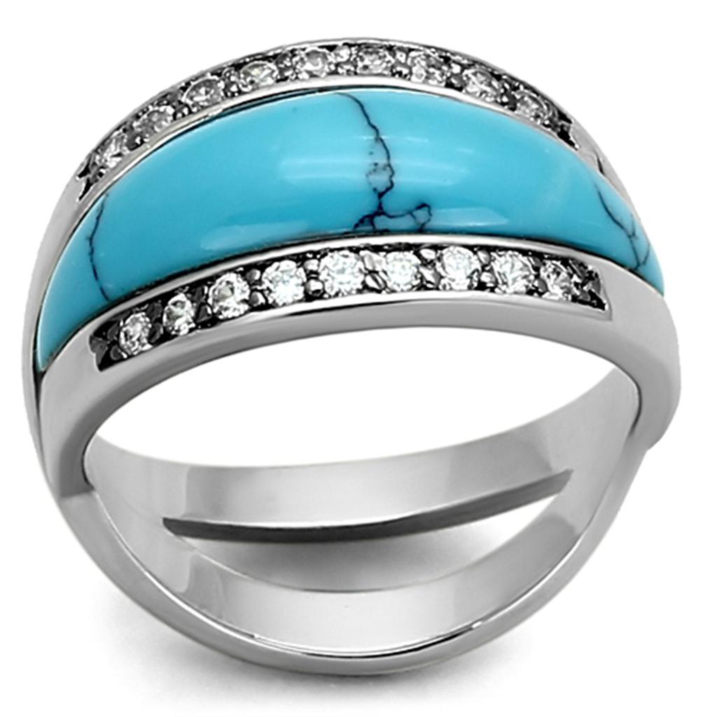 MALOA882 - Rhodium Brass Ring with Synthetic Turquoise in Sea Blue