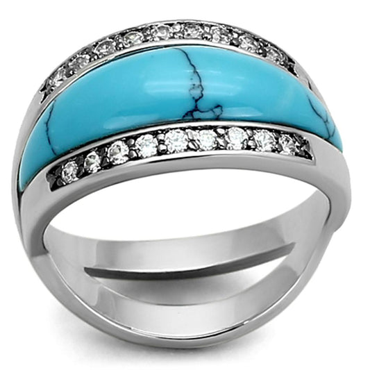 MALOA882 - Rhodium Brass Ring with Synthetic Turquoise in Sea Blue