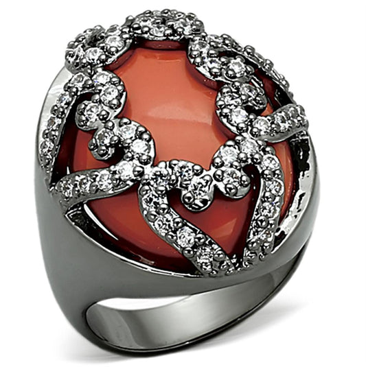 MALOA886 - Ruthenium Brass Ring with Synthetic Cat Eye in Orange