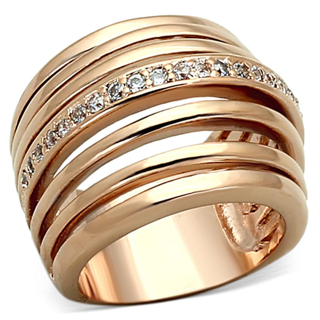 MALOA890 - Rose Gold Brass Ring with AAA Grade CZ  in Clear