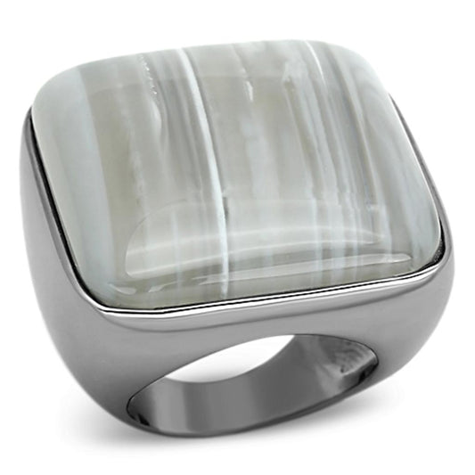 MALOA905 - Ruthenium Brass Ring with Semi-Precious Agate in Light Gray