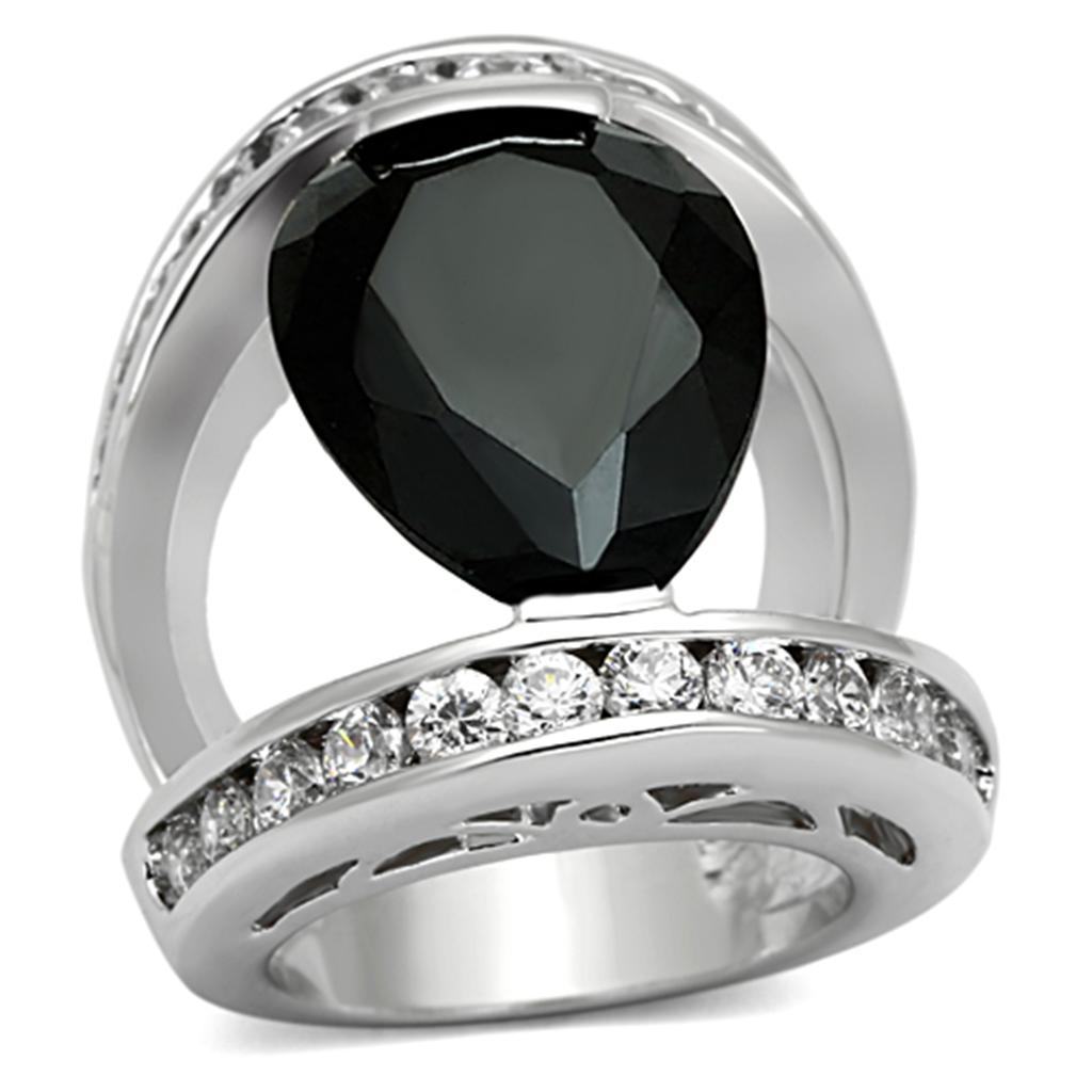 MALOA923 - Rhodium Brass Ring with AAA Grade CZ  in Black Diamond