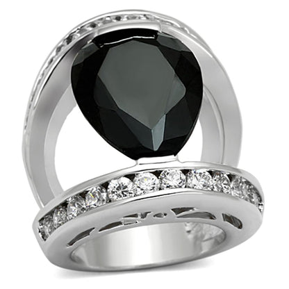 MALOA923 - Rhodium Brass Ring with AAA Grade CZ  in Black Diamond