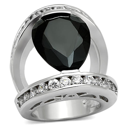 MALOA923 - Rhodium Brass Ring with AAA Grade CZ  in Black Diamond