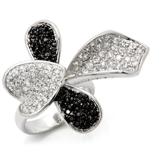 MALOA936 - Rhodium + Ruthenium Brass Ring with AAA Grade CZ  in Jet