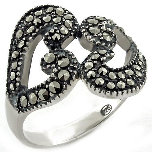 MALOAS1010 - High-Polished 925 Sterling Silver Ring with Synthetic Marcasite in Jet