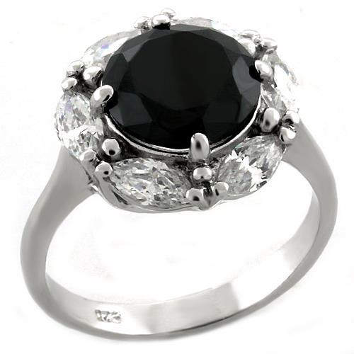 MALOAS1044 - Rhodium 925 Sterling Silver Ring with AAA Grade CZ  in Jet