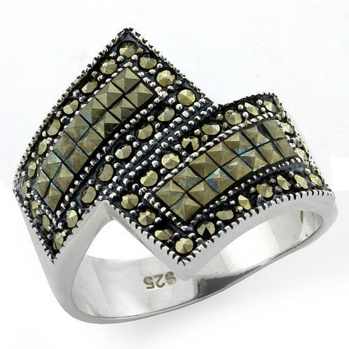 MALOAS1100 - Antique Tone 925 Sterling Silver Ring with Semi-Precious Marcasite in Jet