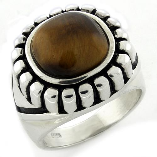MALOAS1155 - High-Polished 925 Sterling Silver Ring with Synthetic Tiger Eye in Brown