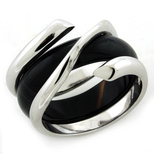MALOAS1156 - Rhodium 925 Sterling Silver Ring with Synthetic Onyx in Jet
