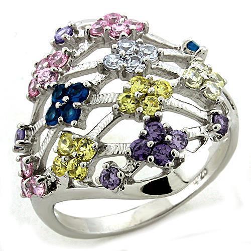 MALOAS1195 - Rhodium 925 Sterling Silver Ring with AAA Grade CZ  in Multi Color