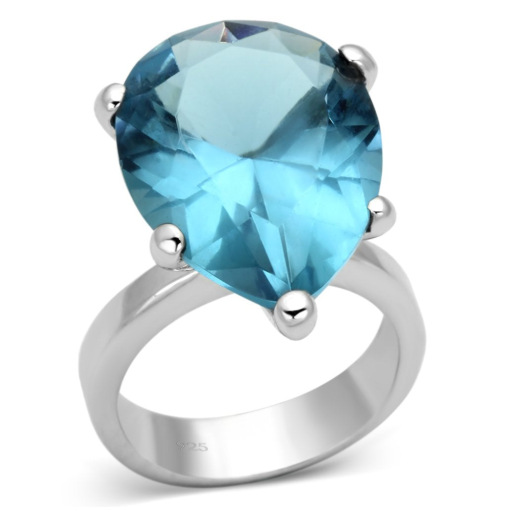 MALOAS864 - Rhodium 925 Sterling Silver Ring with Synthetic Synthetic Glass in Sea Blue