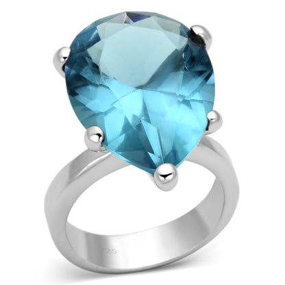 MALOAS864 - Rhodium 925 Sterling Silver Ring with Synthetic Synthetic Glass in Sea Blue