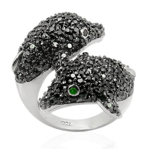 MALOS195 - Rhodium + Ruthenium 925 Sterling Silver Ring with Synthetic Synthetic Glass in Emerald