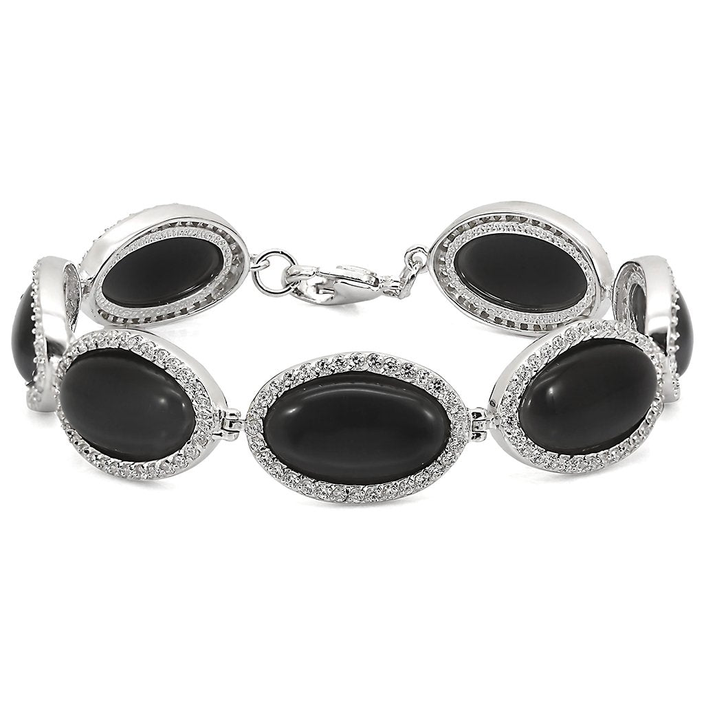 MALOS330 - Rhodium 925 Sterling Silver Bracelet with Synthetic Cat Eye in Jet