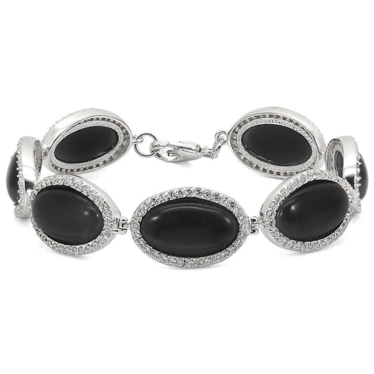 MALOS330 - Rhodium 925 Sterling Silver Bracelet with Synthetic Cat Eye in Jet
