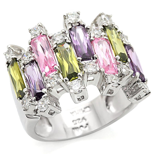 MAHeba Cocktail Ring - Rhodium 925 Sterling Silver, AAA CZ , Multi Color - LOS334
