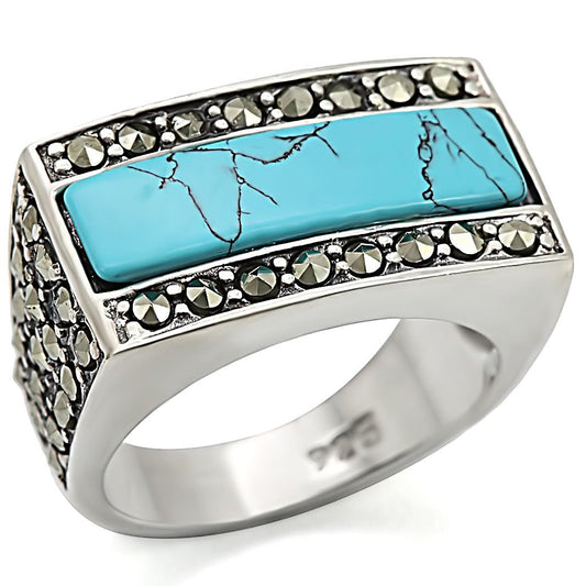 MALOS461 - Antique Tone 925 Sterling Silver Ring with Synthetic Turquoise in Sea Blue