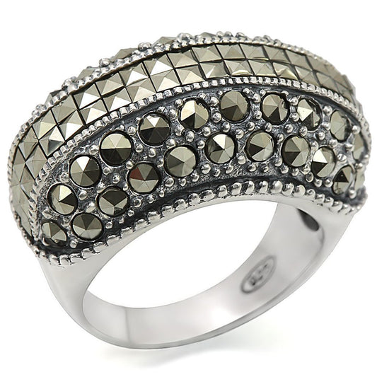MALOS466 - Antique Tone 925 Sterling Silver Ring with Synthetic Marcasite in Black Diamond