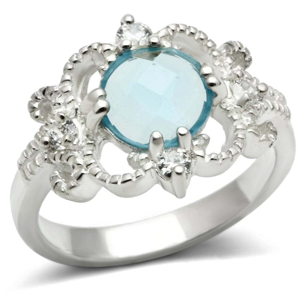 MALOS539 - Silver 925 Sterling Silver Ring with Synthetic Synthetic Glass in Sea Blue