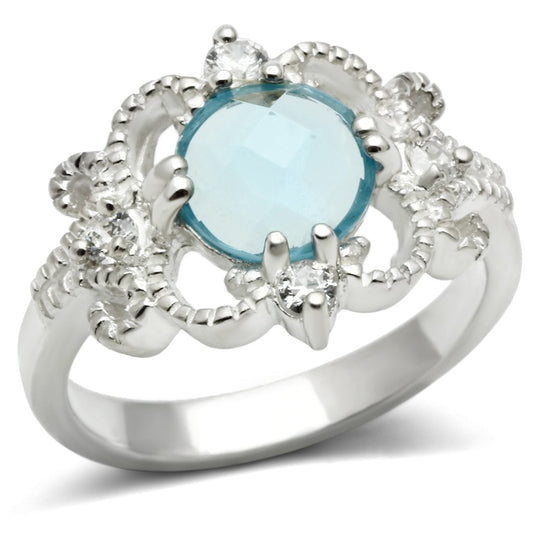 MALOS539 - Silver 925 Sterling Silver Ring with Synthetic Synthetic Glass in Sea Blue