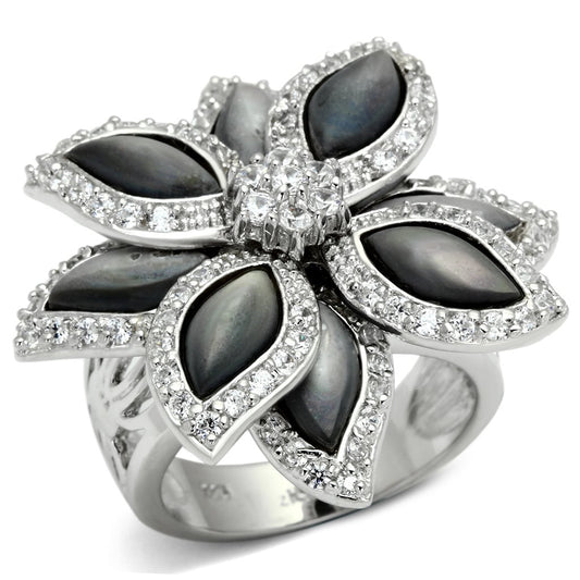 MALOS555 - Rhodium 925 Sterling Silver Ring with Precious Stone Conch in Jet