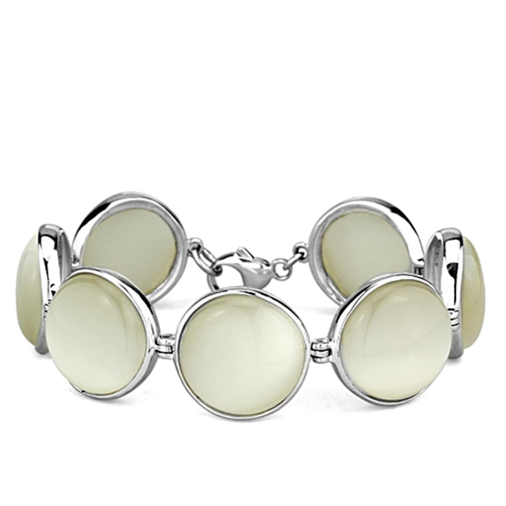 MALOS762 - High-Polished 925 Sterling Silver Bracelet with Synthetic Cat Eye in White
