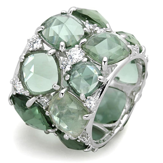 MALOS764 - Rhodium 925 Sterling Silver Ring with Synthetic Synthetic Glass in Emerald