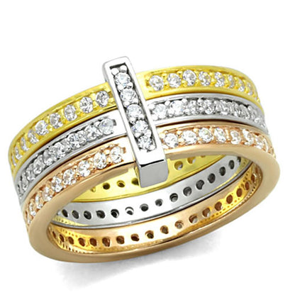 MALOS811 - Rhodium + Gold + Rose Gold 925 Sterling Silver Ring with AAA Grade CZ  in Clear