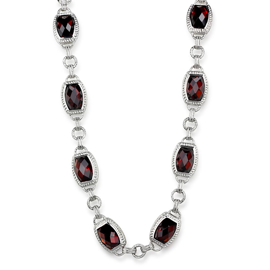 MALOS877 - Rhodium 925 Sterling Silver Necklace with AAA Grade CZ  in Garnet