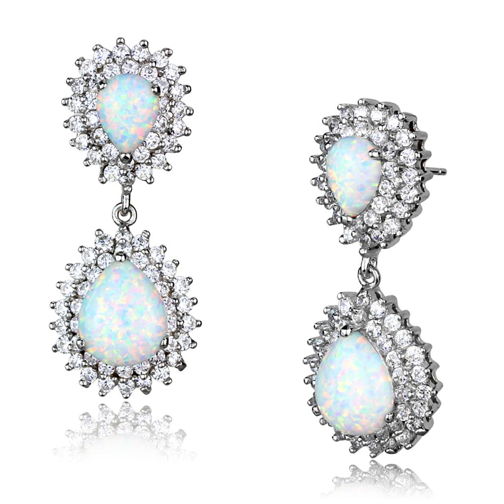MALOS879 - Rhodium 925 Sterling Silver Earrings with Semi-Precious Opal in Aurora Borealis (Rainbow Effect)