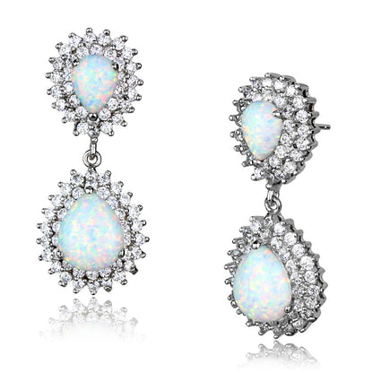 MALOS879 - Rhodium 925 Sterling Silver Earrings with Semi-Precious Opal in Aurora Borealis (Rainbow Effect)