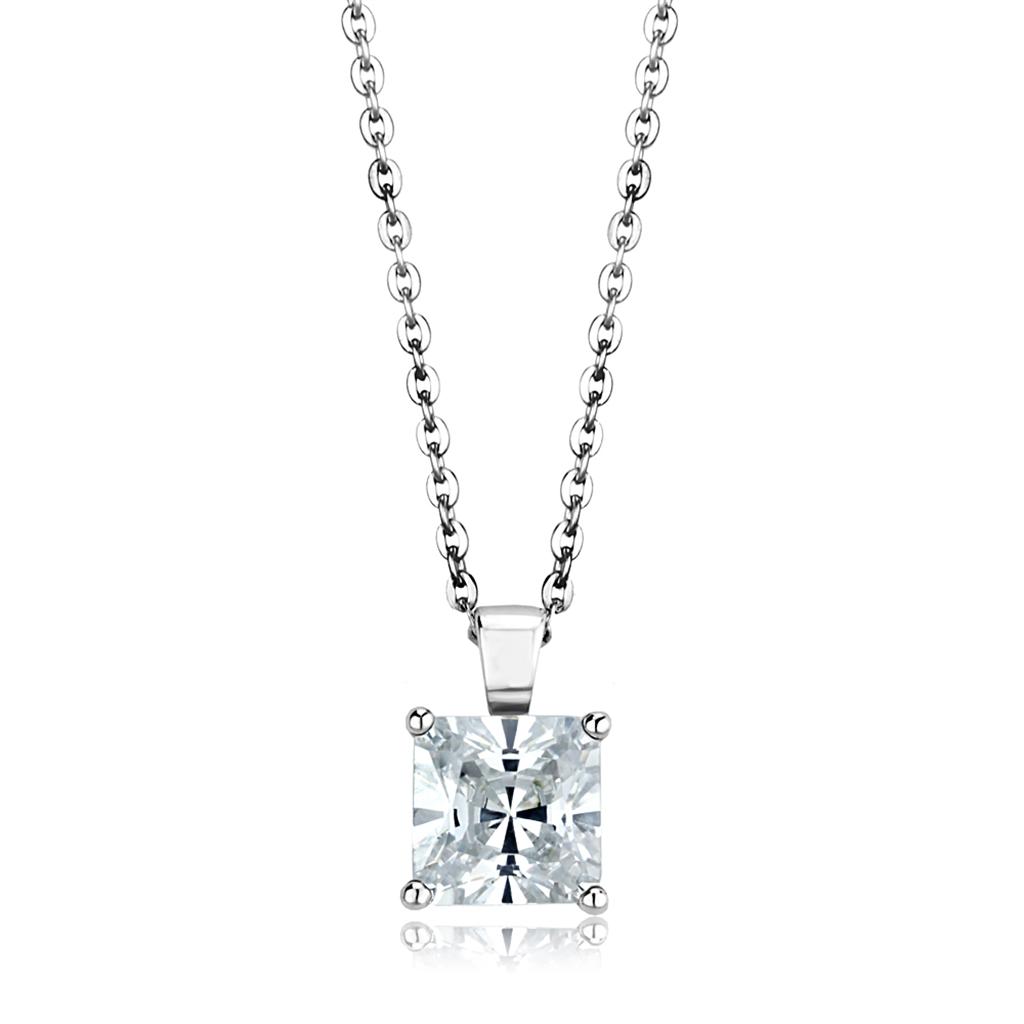 MALOS895 - Rhodium 925 Sterling Silver Chain Pendant with AAA Grade CZ  in Clear