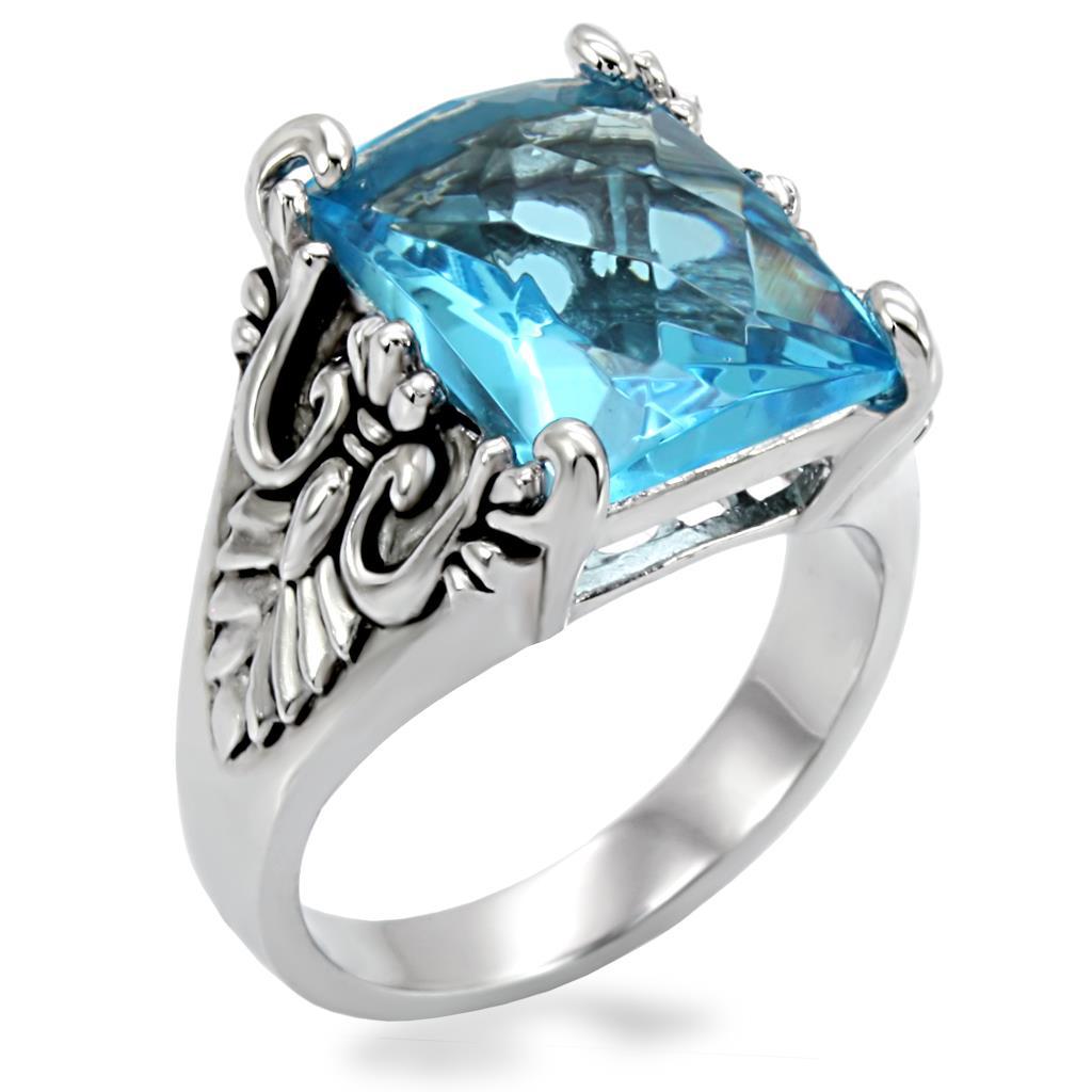 MATK021 - High polished (no plating) Stainless Steel Ring with Synthetic Synthetic Glass in Sea Blue