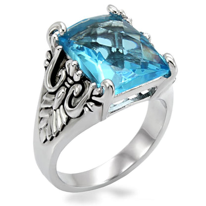 MATK021 - High polished (no plating) Stainless Steel Ring with Synthetic Synthetic Glass in Sea Blue