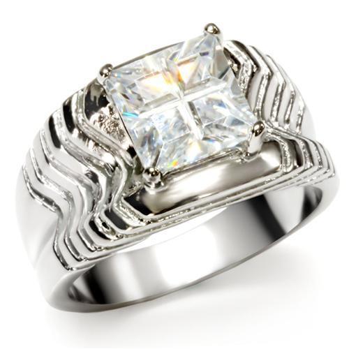 MATK028 - High polished (no plating) Stainless Steel Ring with AAA Grade CZ  in Clear
