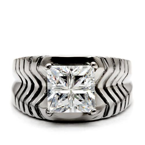 MATK028 - High polished (no plating) Stainless Steel Ring with AAA Grade CZ  in Clear