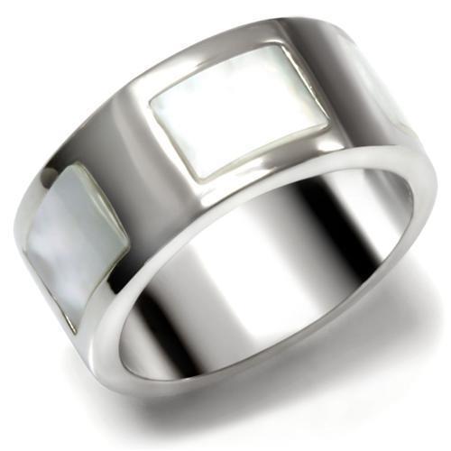 MATK043 - High polished (no plating) Stainless Steel Ring with Precious Stone Conch in White