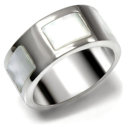MATK043 - High polished (no plating) Stainless Steel Ring with Precious Stone Conch in White