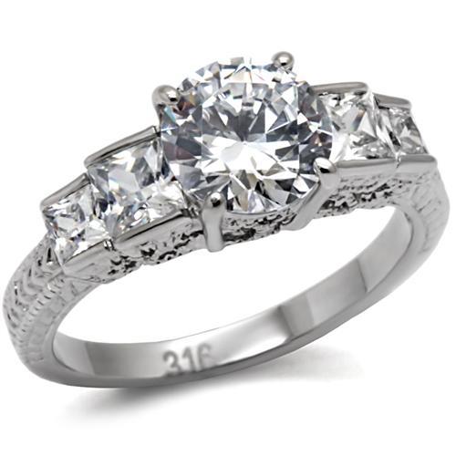 MATK057 - High polished (no plating) Stainless Steel Ring with AAA Grade CZ  in Clear