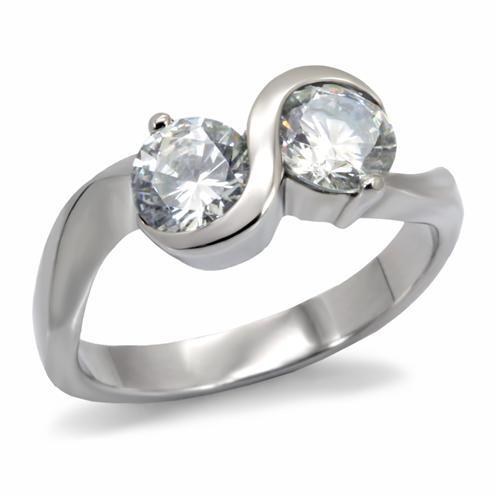 MATK072 - High polished (no plating) Stainless Steel Ring with AAA Grade CZ  in Clear