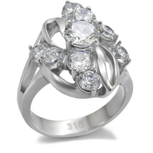 MATK074 - High polished (no plating) Stainless Steel Ring with AAA Grade CZ  in Clear