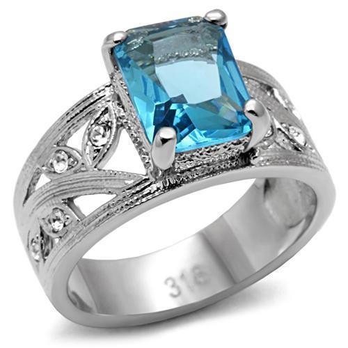 MATK081 - High polished (no plating) Stainless Steel Ring with Synthetic Synthetic Glass in Sea Blue
