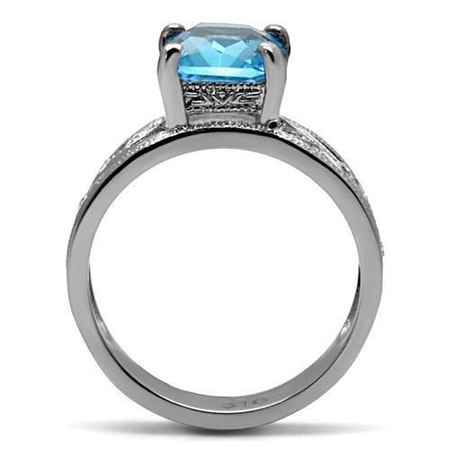 MATK081 - High polished (no plating) Stainless Steel Ring with Synthetic Synthetic Glass in Sea Blue