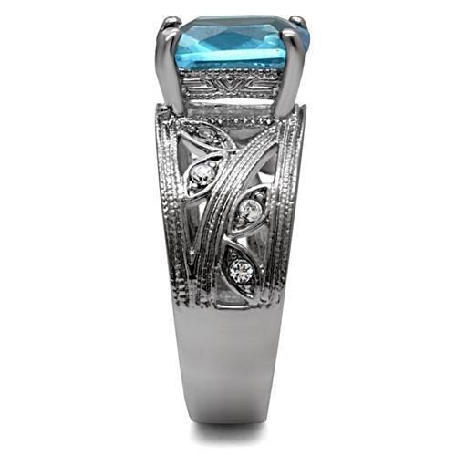 MATK081 - High polished (no plating) Stainless Steel Ring with Synthetic Synthetic Glass in Sea Blue