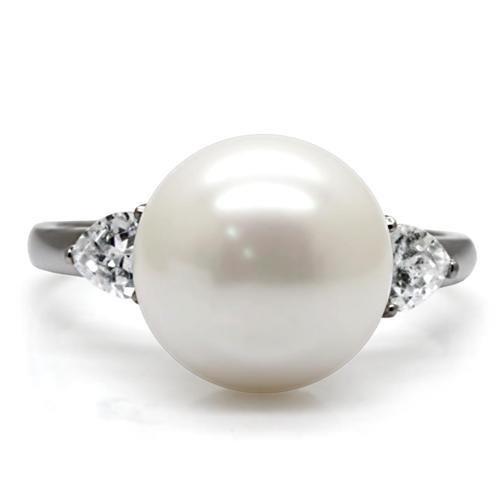 MATK090 - High polished (no plating) Stainless Steel Ring with Synthetic Pearl in Aurora Borealis (Rainbow Effect)
