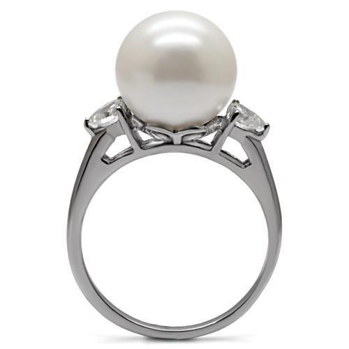 MATK090 - High polished (no plating) Stainless Steel Ring with Synthetic Pearl in Aurora Borealis (Rainbow Effect)
